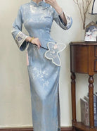 Beth and Brian qipao-DAF Lydia Bamboo Print Light blue Long Cheongsam