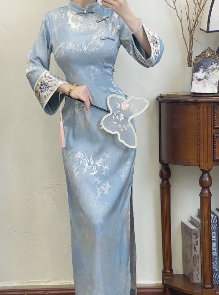 Beth and Brian qipao-DAF Lydia Bamboo Print Light blue Long Cheongsam