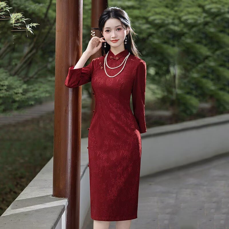 Beth and Brian Qipao-SMQ Clara Bamboo Floral Knitting Jacquard Midi Cheongsam