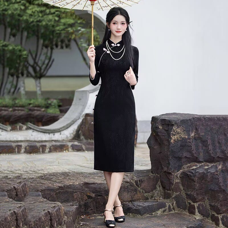 Beth and Brian Qipao-SMQ Clara Bamboo Floral Knitting Jacquard Midi Cheongsam