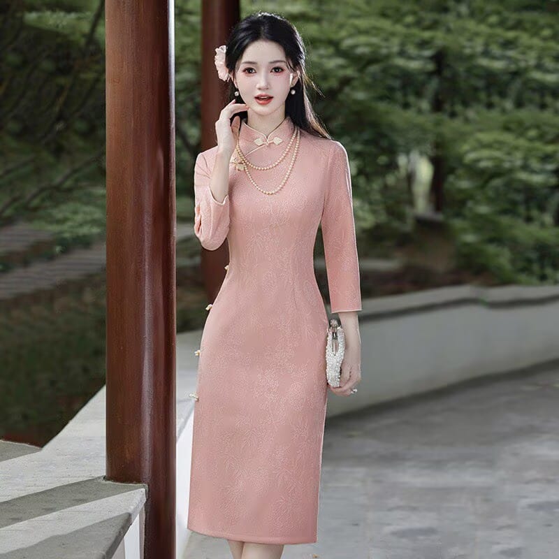 Beth and Brian Qipao-SMQ Clara Bamboo Floral Knitting Jacquard Midi Cheongsam