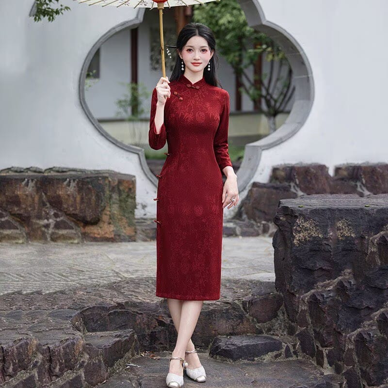 Beth and Brian Qipao-SMQ Clara Bamboo Floral Knitting Jacquard Midi Cheongsam