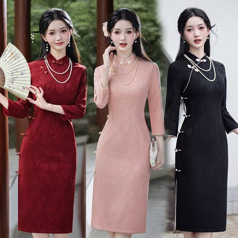 Beth and Brian Qipao-SMQ Clara Bamboo Floral Knitting Jacquard Midi Cheongsam