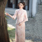 Beth and Brian Qipao-SMQ Bonnie Pink Watercolor Wash Print Satin Cheongsam With Three-Quarter Sleeves