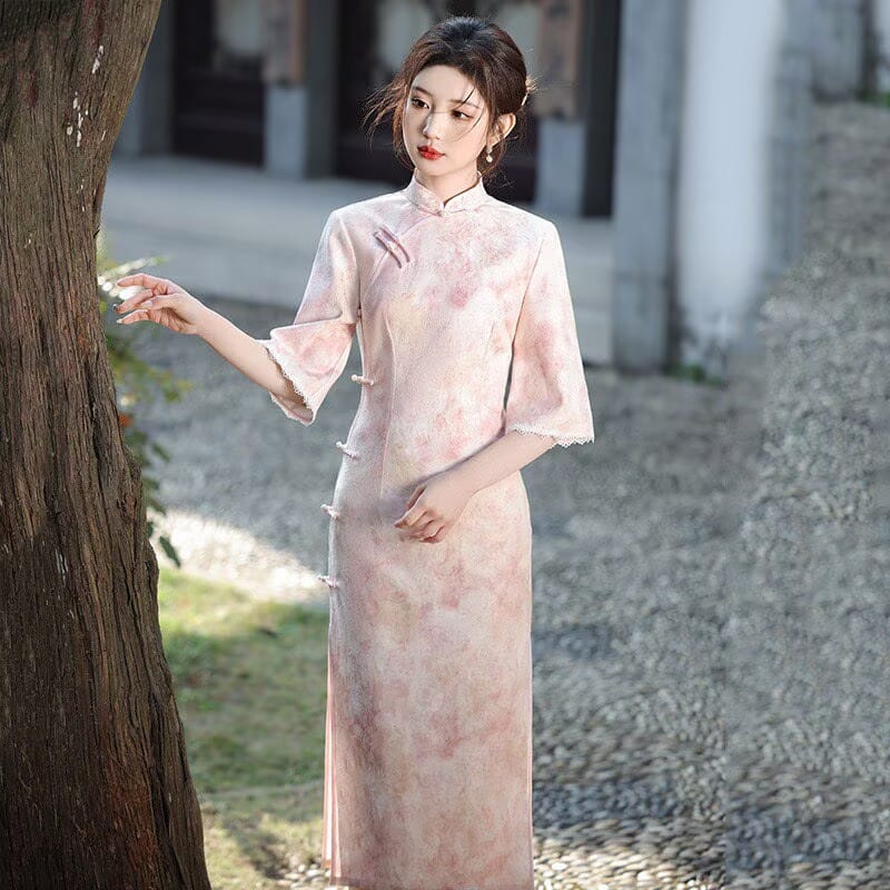 Beth and Brian Qipao-SMQ Bonnie Pink Watercolor Wash Print Satin Cheongsam With Three-Quarter Sleeves