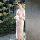 Beth and Brian Qipao-SMQ Bonnie Pink Watercolor Wash Print Satin Cheongsam With Three-Quarter Sleeves