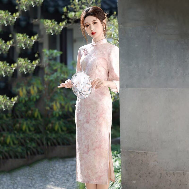 Beth and Brian Qipao-SMQ Bonnie Pink Watercolor Wash Print Satin Cheongsam With Three-Quarter Sleeves