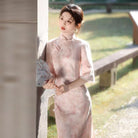 Beth and Brian Qipao-SMQ Bonnie Pink Watercolor Wash Print Satin Cheongsam With Three-Quarter Sleeves