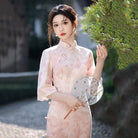 Beth and Brian Qipao-SMQ Bonnie Pink Watercolor Wash Print Satin Cheongsam With Three-Quarter Sleeves
