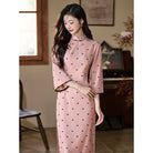 Beth and Brian Qipao-LSB Mia Small Bow Flocking Cheongsam With Three-Quarter Sleeves
