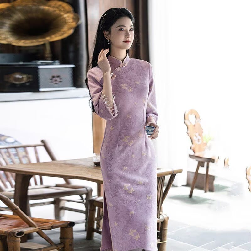 Beth and Brian Qipao-SMQ Sophia Butterfly Jacquard Suede Midi Cheongsam