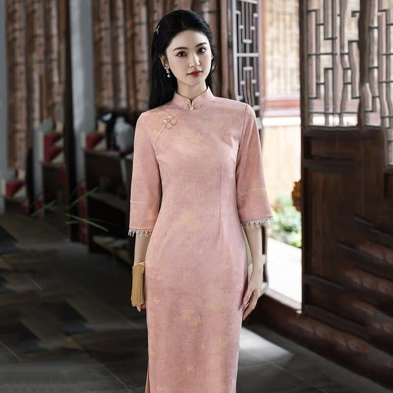 Beth and Brian Qipao-SMQ Sophia Butterfly Jacquard Suede Midi Cheongsam