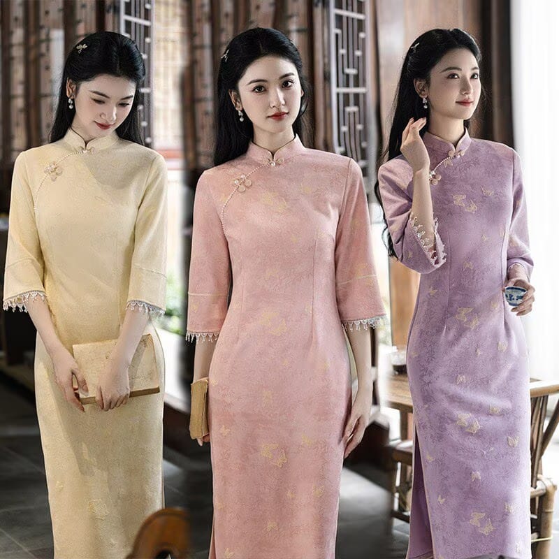 Beth and Brian Qipao-SMQ Sophia Butterfly Jacquard Suede Midi Cheongsam