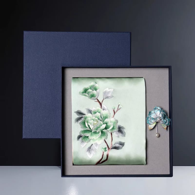 Beth and Brian Qipao-TX Chloe Peony Embroidery 16 Momme Mulberry Silk Scarf & Brooch Gift Set