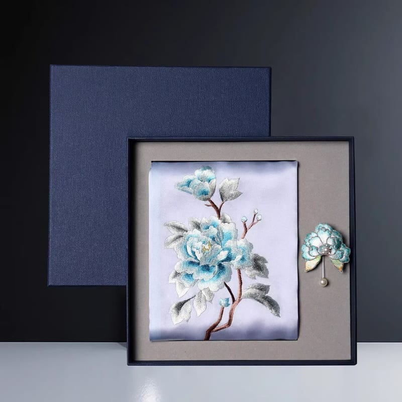 Beth and Brian Qipao-TX Chloe Peony Embroidery 16 Momme Mulberry Silk Scarf & Brooch Gift Set