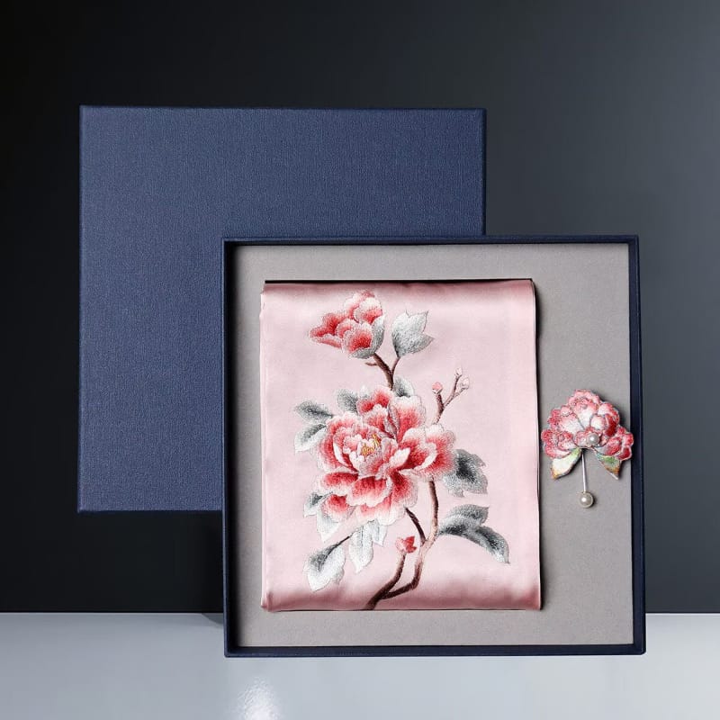 Beth and Brian Qipao-TX Chloe Peony Embroidery 16 Momme Mulberry Silk Scarf & Brooch Gift Set