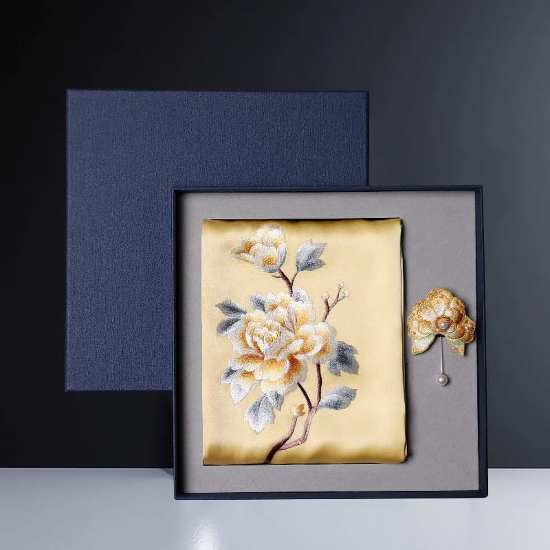 Beth and Brian Qipao-TX Chloe Peony Embroidery 16 Momme Mulberry Silk Scarf & Brooch Gift Set