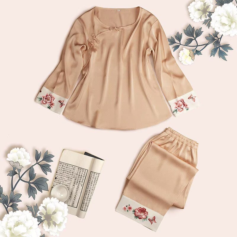 Beth and Brian Qipao-TX Peony Embroidery Chinese Style Satin Pajama Set