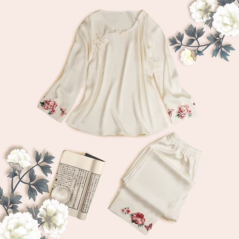 Beth and Brian Qipao-TX Peony Embroidery Chinese Style Satin Pajama Set
