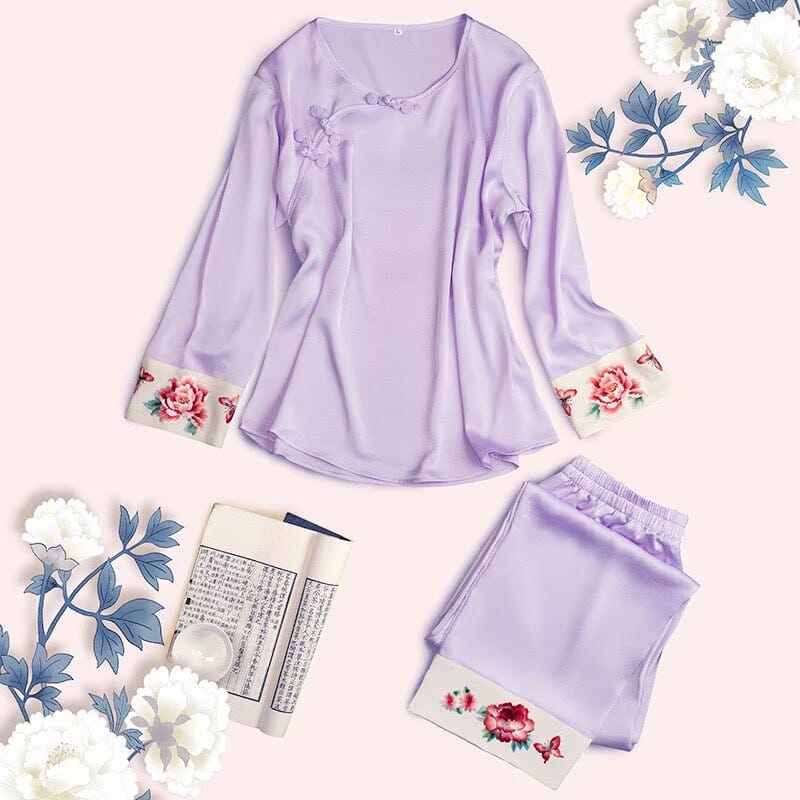 Beth and Brian Qipao-TX Peony Embroidery Chinese Style Satin Pajama Set