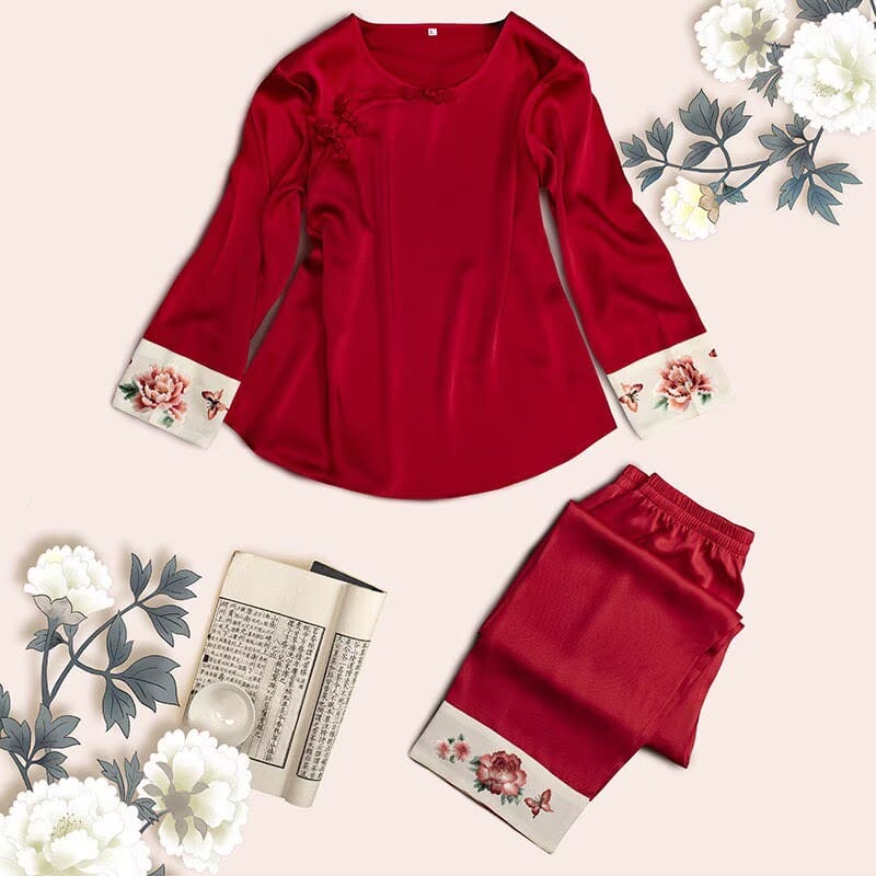 Beth and Brian Qipao-TX Peony Embroidery Chinese Style Satin Pajama Set