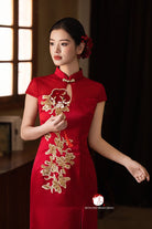 Beth and Brian Qipao - YB Exclusive Designer Collection | Gold Floral Fishtail Red Qipao