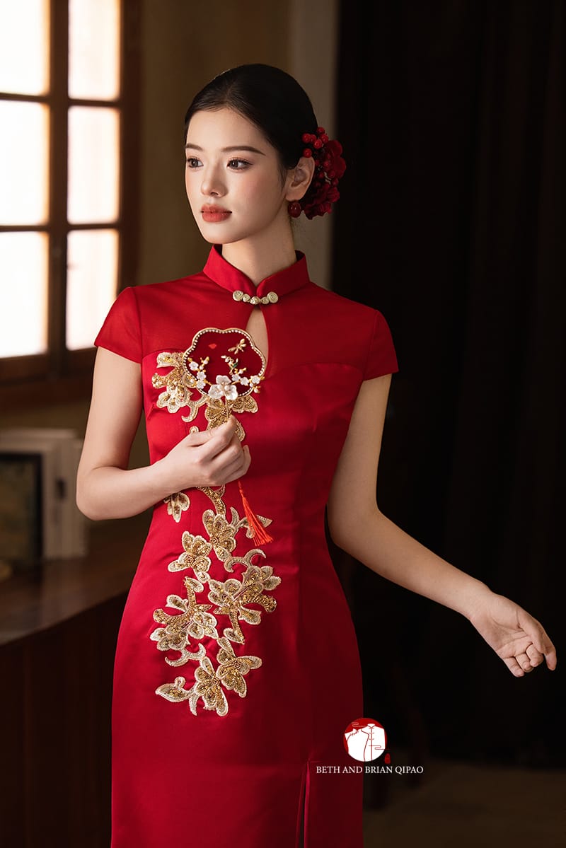 Beth and Brian Qipao - YB Exclusive Designer Collection | Gold Floral Fishtail Red Qipao