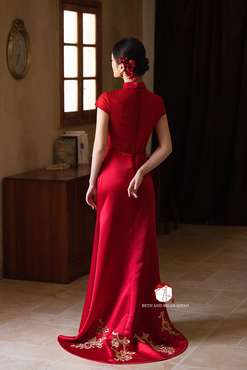 Beth and Brian Qipao - YB Exclusive Designer Collection | Gold Floral Fishtail Red Qipao