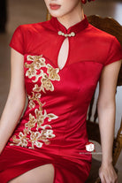 Beth and Brian Qipao - YB Exclusive Designer Collection | Gold Floral Fishtail Red Qipao