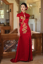 Beth and Brian Qipao - YB Exclusive Designer Collection | Gold Floral Fishtail Red Qipao