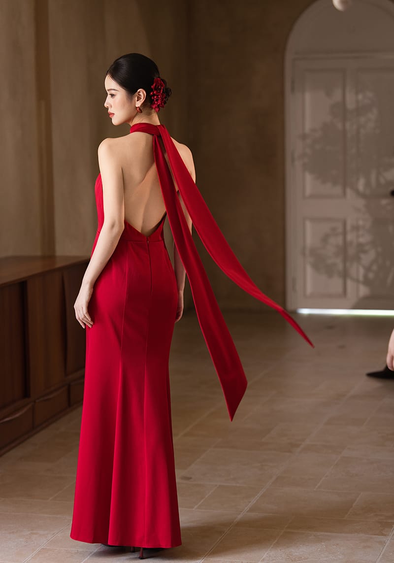 Beth and Brian Qipao - YB Exclusive Designer Collection | Halter Mermaid Satin Cheongsam Gown with Ribbons