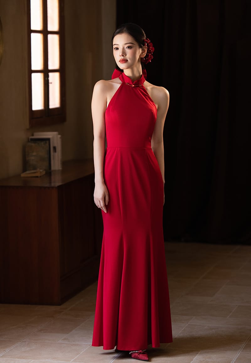 Beth and Brian Qipao - YB Exclusive Designer Collection | Halter Mermaid Satin Cheongsam Gown with Ribbons
