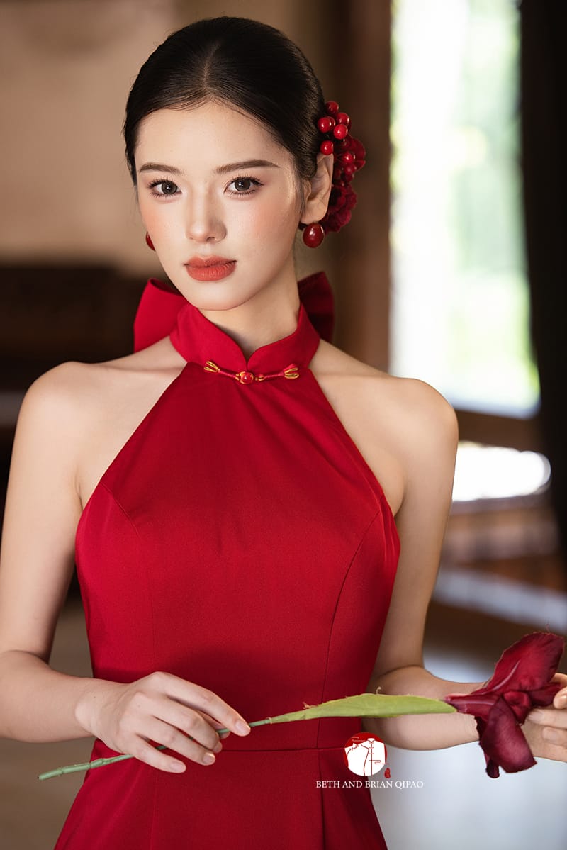 Beth and Brian Qipao - YB Exclusive Designer Collection | Halter Mermaid Satin Cheongsam Gown with Ribbons