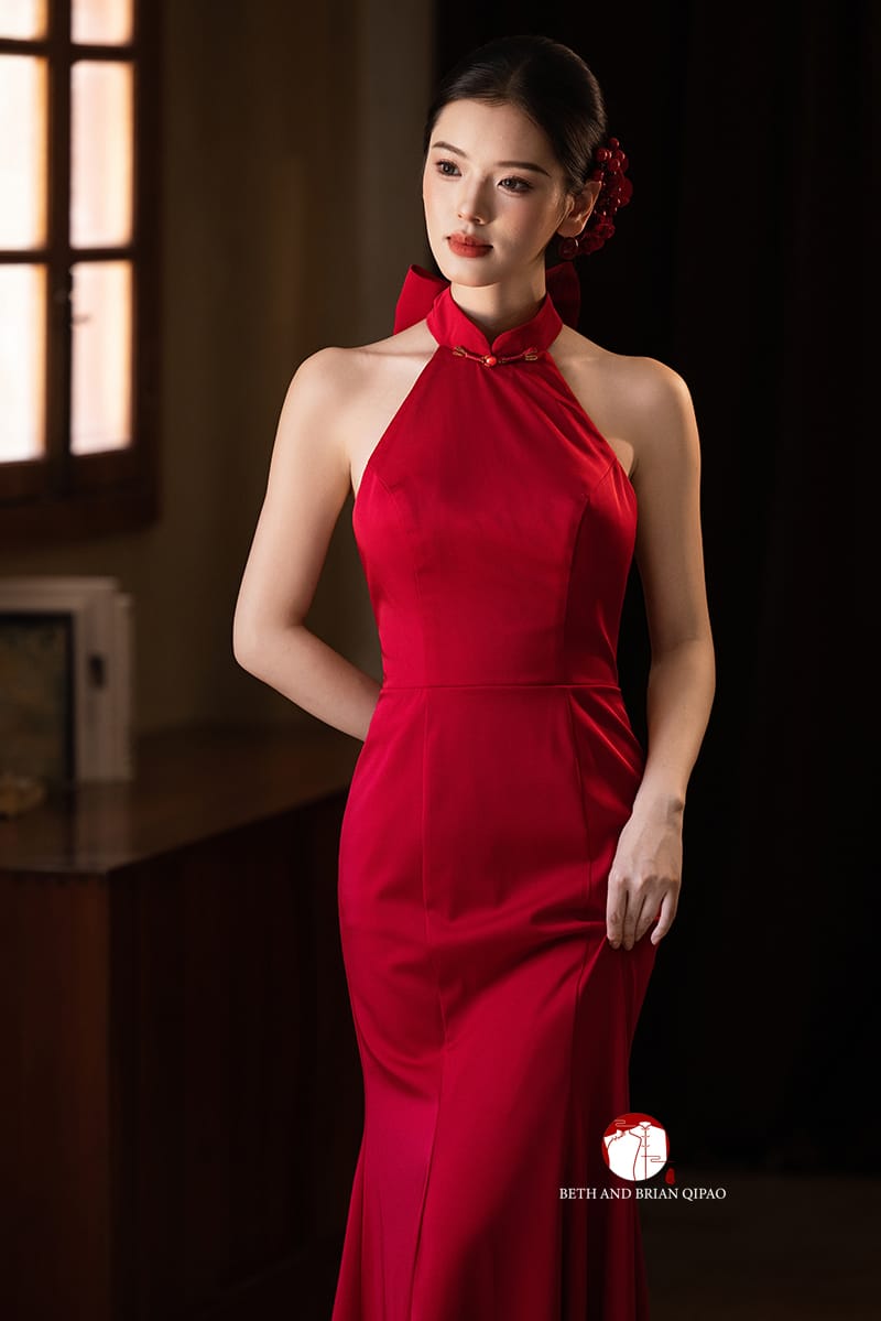 Beth and Brian Qipao - YB Exclusive Designer Collection | Halter Mermaid Satin Cheongsam Gown with Ribbons