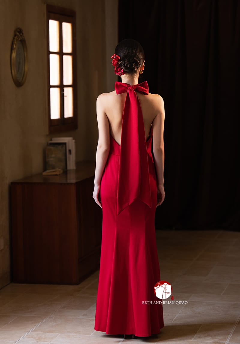Beth and Brian Qipao - YB Exclusive Designer Collection | Halter Mermaid Satin Cheongsam Gown with Ribbons
