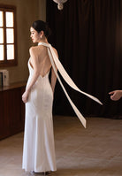 Beth and Brian Qipao-Exclusivedesigner Exclusive Designer Collection | Halter Mermaid Satin Cheongsam Gown with Ribbons