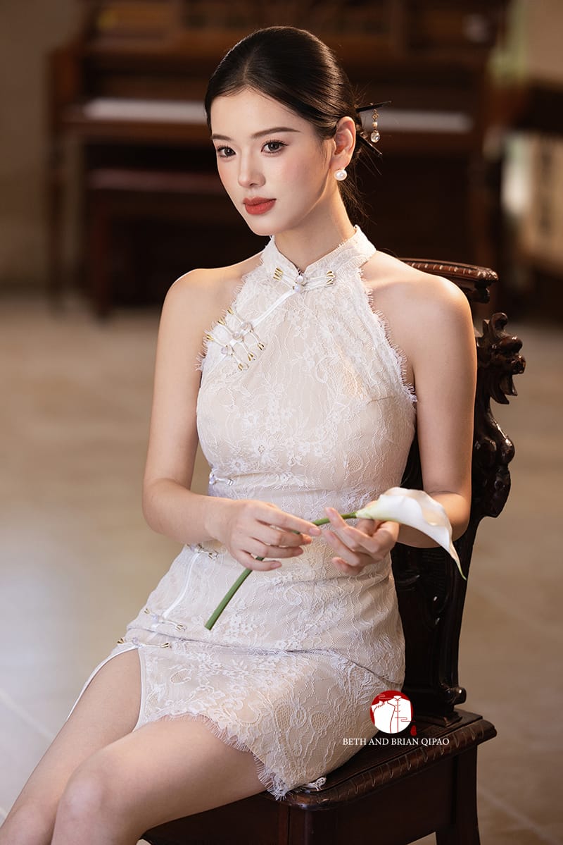 Beth and Brian Qipao-Exclusivedesigner Exclusive Designer Collection | Halter Lace Mini Cheongsam
