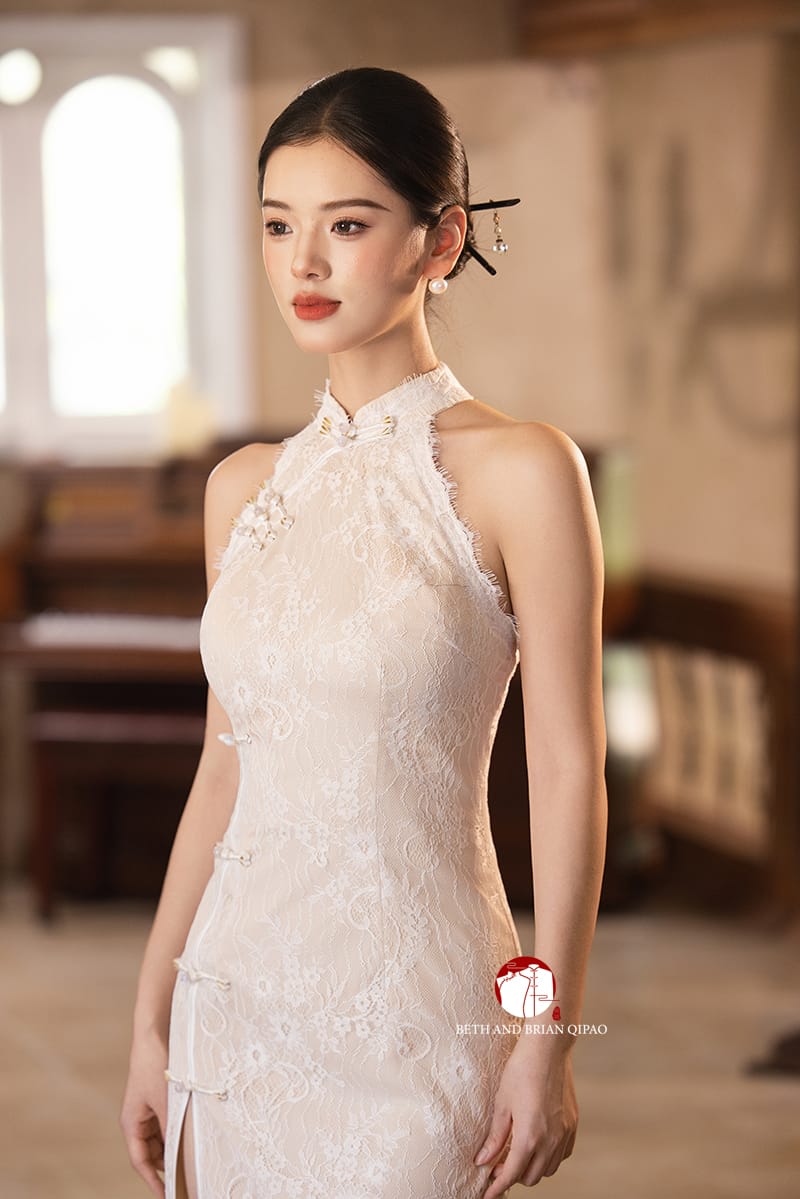 Beth and Brian Qipao-Exclusivedesigner Exclusive Designer Collection | Halter Lace Mini Cheongsam