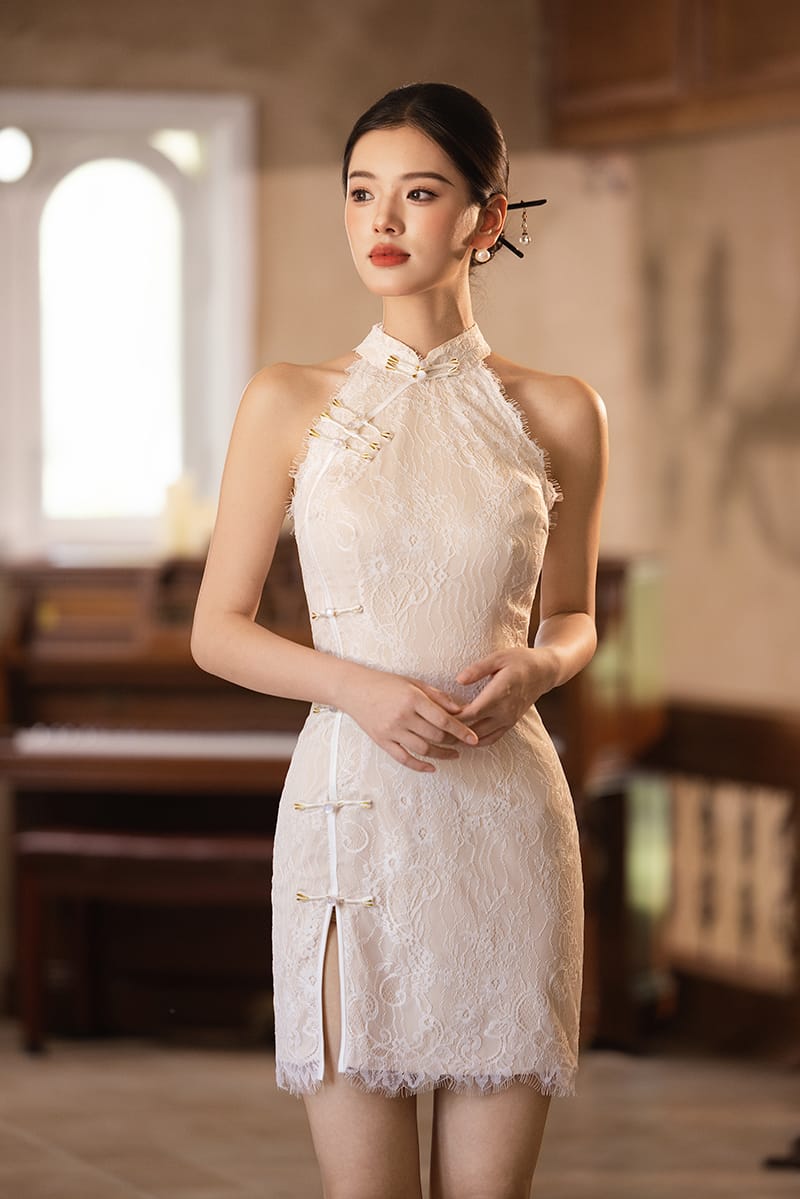 Beth and Brian Qipao-Exclusivedesigner Exclusive Designer Collection | Halter Lace Mini Cheongsam