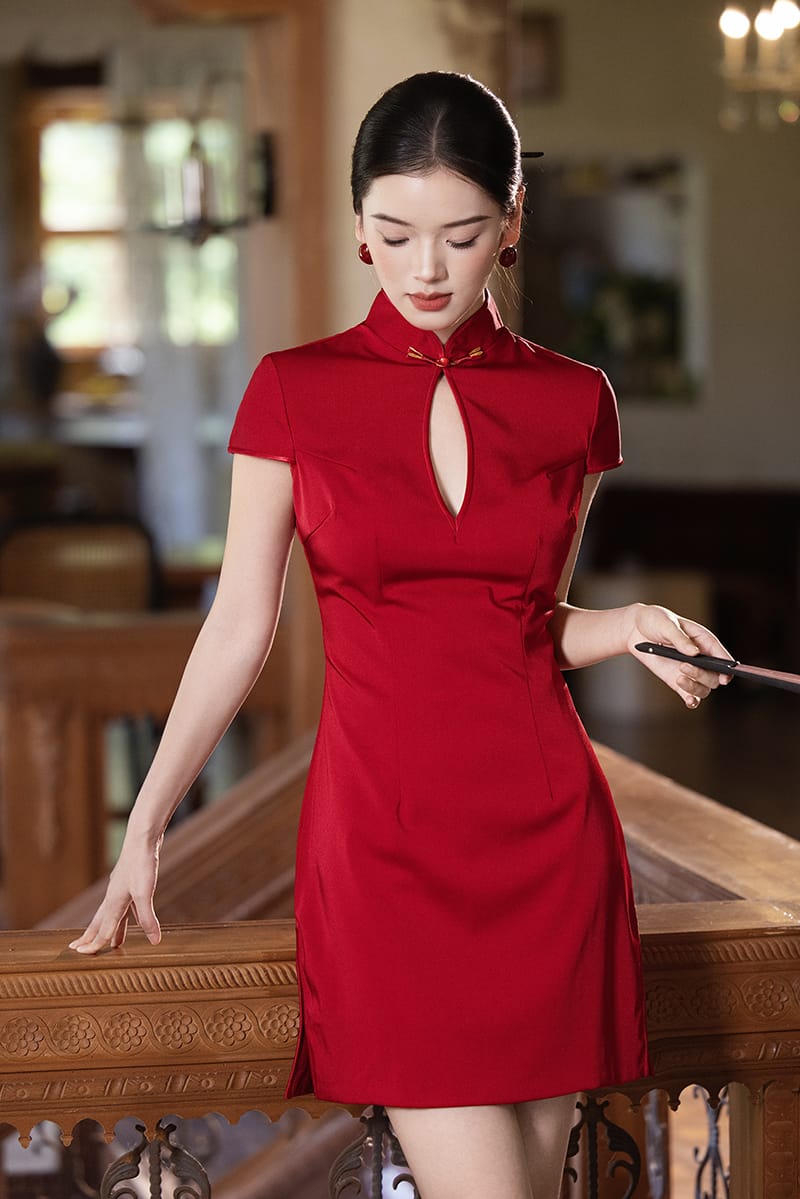 Beth and Brian Qipao-Exclusivedesigner Exclusive Designer Collection | Water Drop Collar Satin Mini Cheongsam