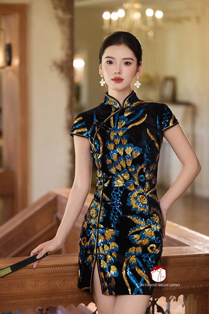 Beth and Brian Qipao-Exclusivedesigner Exclusive Designer Collection | Black and Blue Sequins Mini Qipao
