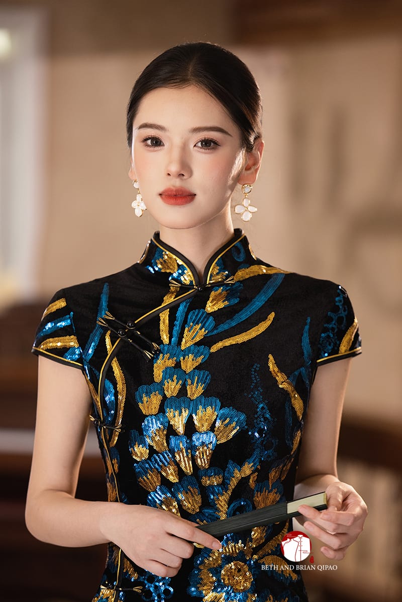 Beth and Brian Qipao-Exclusivedesigner Exclusive Designer Collection | Black and Blue Sequins Mini Qipao