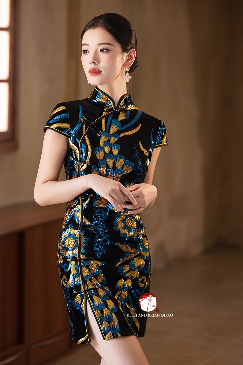 Beth and Brian Qipao-Exclusivedesigner Exclusive Designer Collection | Black and Blue Sequins Mini Qipao