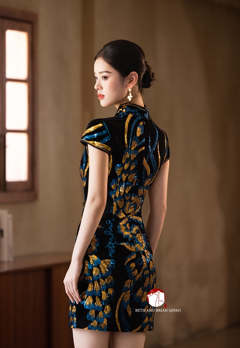 Beth and Brian Qipao-Exclusivedesigner Exclusive Designer Collection | Black and Blue Sequins Mini Qipao