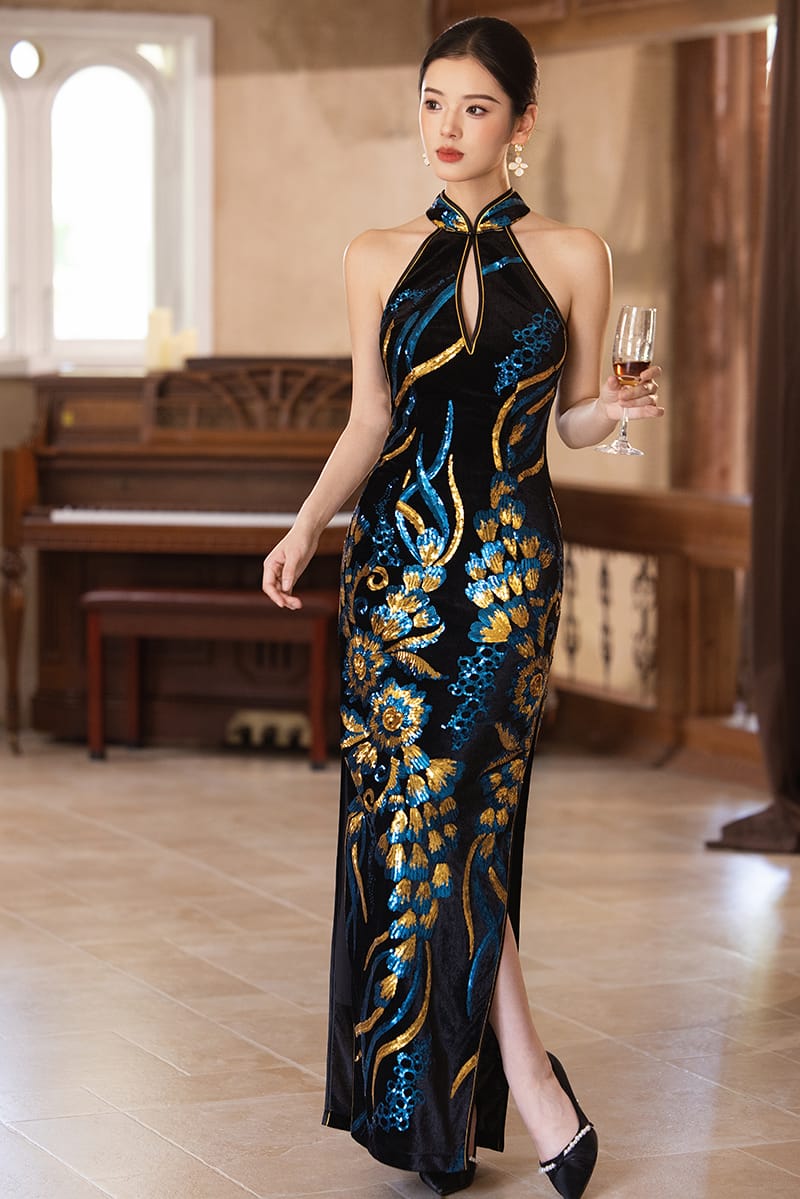 Beth and Brian Qipao-Exclusivedesigner Exclusive designer collection | Black and Blue Sequins Long Qipao