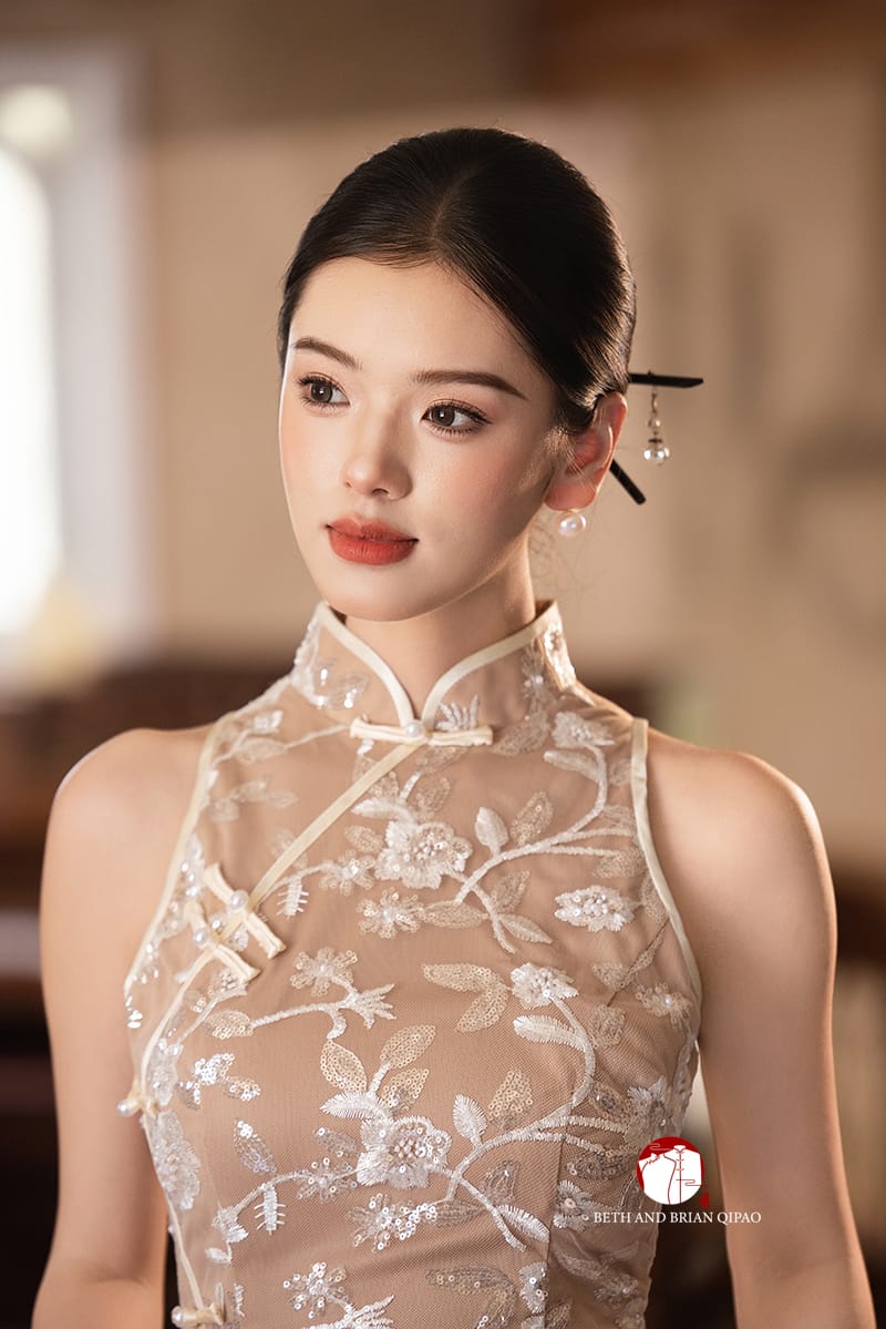 Beth and Brian Qipao-Exclusivedesigner Exclusive designer collection | Sheer Bottom Maxi Floral Sequins Qipao
