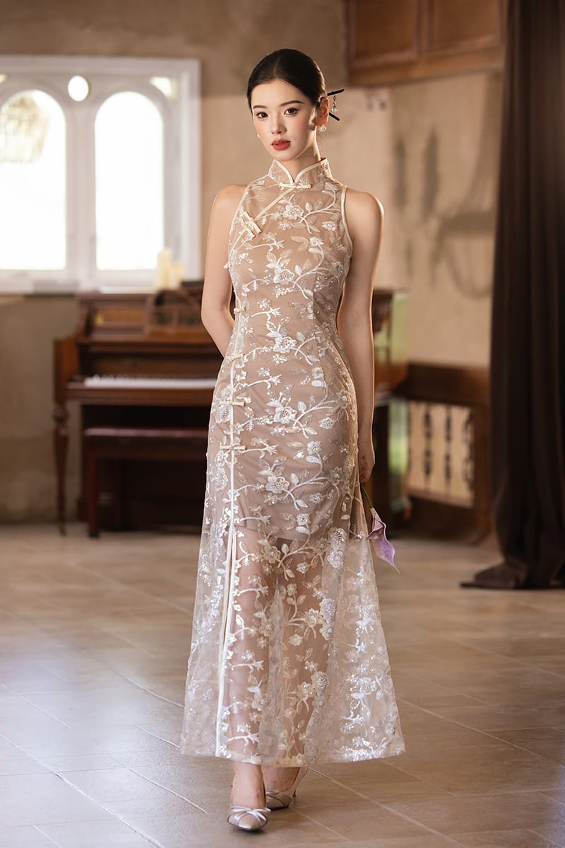 Beth and Brian Qipao-Exclusivedesigner Exclusive designer collection | Sheer Bottom Maxi Floral Sequins Qipao