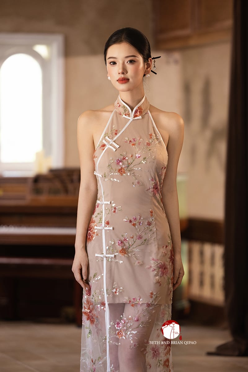 Beth and Brian Qipao-Exclusivedesigner Exclusive designer collection | Sheer Bottom Maxi Floral Sequins Qipao