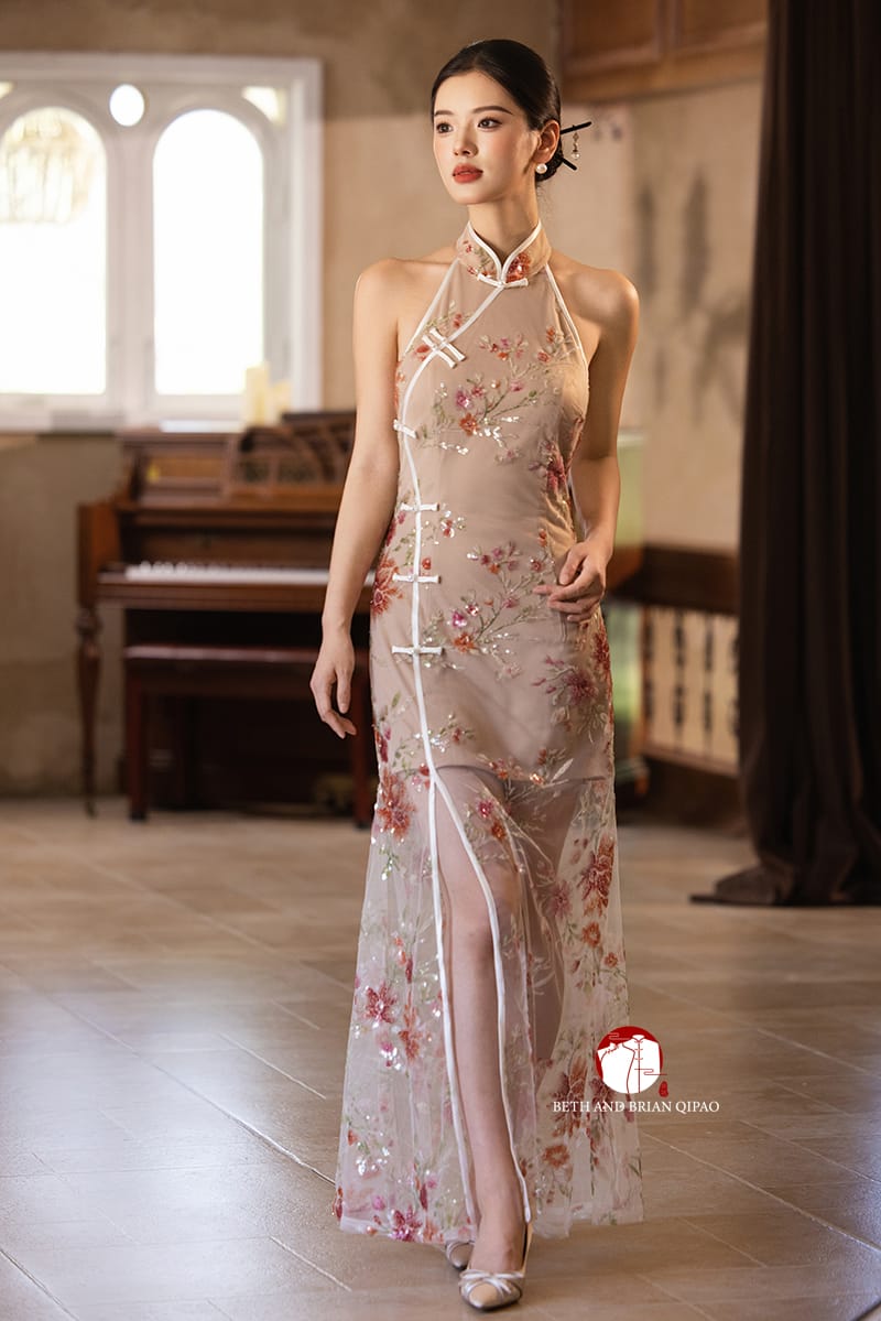 Beth and Brian Qipao-Exclusivedesigner Exclusive designer collection | Sheer Bottom Maxi Floral Sequins Qipao