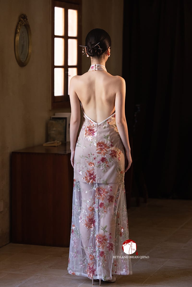 Beth and Brian Qipao-Exclusivedesigner Exclusive designer collection | Sheer Bottom Maxi Floral Sequins Qipao